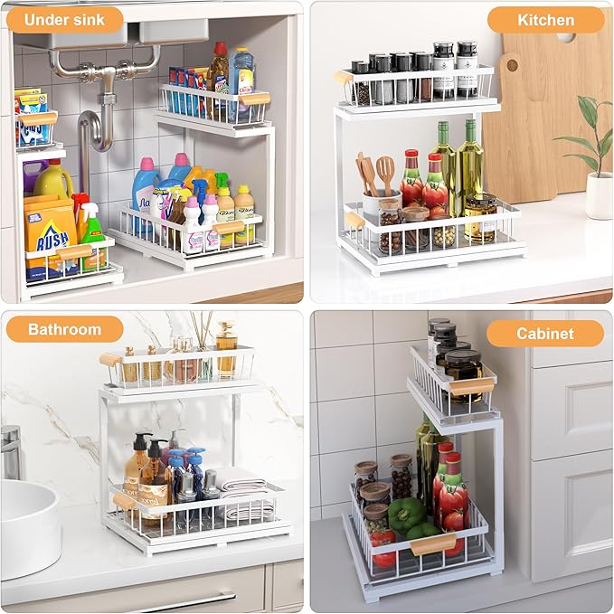 Under Sink Organizer 2 Tier, White, Large-1 Pack