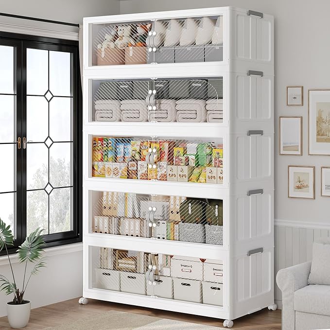 150Gal/600QT 5-Tiers Extra Large Stackable Storage Bins with Lid, Collapsible Cabinet Closet Organizer Plastic Container Box with Wheels Doors Drawers for Office Dorm Kitchen, White