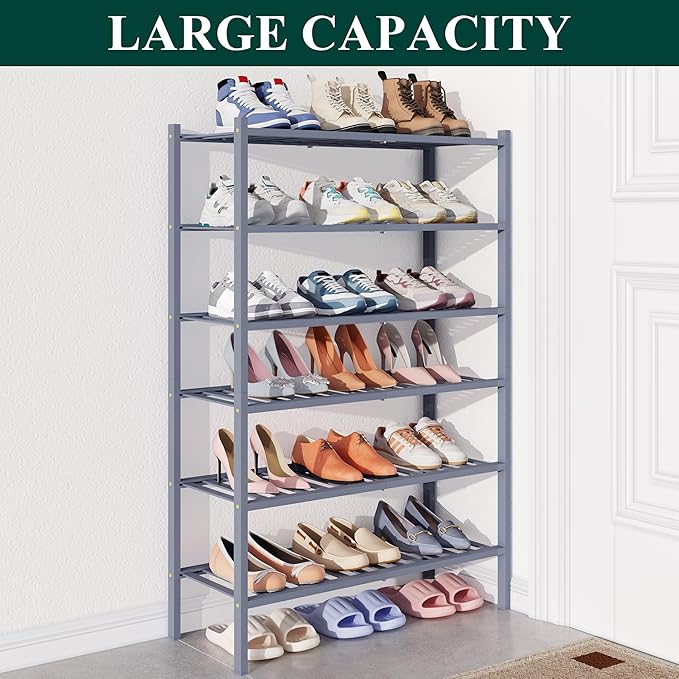 Smiry Bamboo Shoe Rack for Closet, 6 Tier Wooden Shoe Organizer, Stackable Wood Shoe Storage Shelf for Entryway, 14 Vertical Slats, 3+3 Stack Heavy-Duty Legs, 26.77"x11.02"x36.61", Grey
