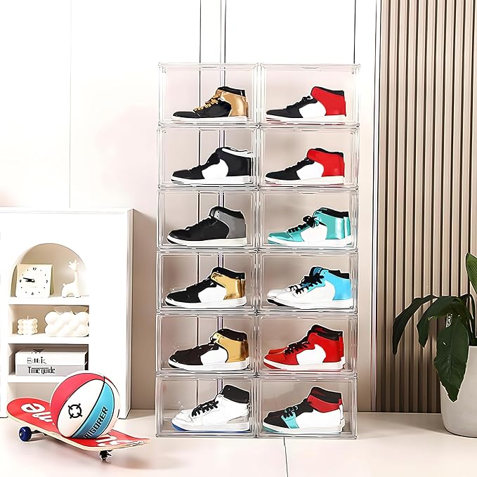 MMBABY 12 Pack Acrylic Clear Shoe Boxes Side Open Clear Plastic Stackable Sneaker Storage For Sneakerhead.Fits US Size 15