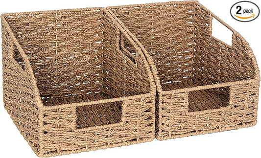 StorageWorks Wicker Baskets for Organizing, Pantry Organizers and Storage, Round Paper Rope Storage Basket for Pantry Shelves, Orange, 2 Pack