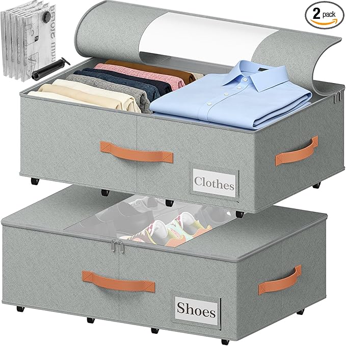 2-Pack Under Bed Storage Bins with Wheels, 4 Vacuum Bags, Gray