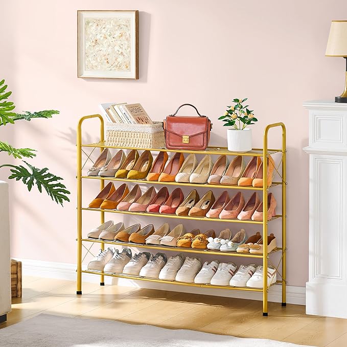 Hoctieon 5 Tier Shoe Rack for Closet, Durable Mesh Style Shoe Rack, Entryway Shoe Shelf, Shoe Storage Organizer for Hallway, Bedroom, Living Room, Wardrobe, Gold