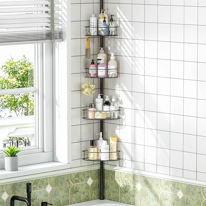 Corner Shower Caddy Tension Pole，4 Tier Adjustable Bathroom Organizer