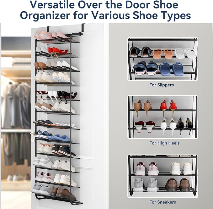 Whitmor 36 Pair Over the Door Shoe Organizer, 12 Tier Hanging Shoe Organizer, Heavy Duty Metal & Mesh Shoe Holder, Hanging Shoe Rack for Closet Storage, 74"H x 21.7"W x 7.5"D, Gunmetal Gray