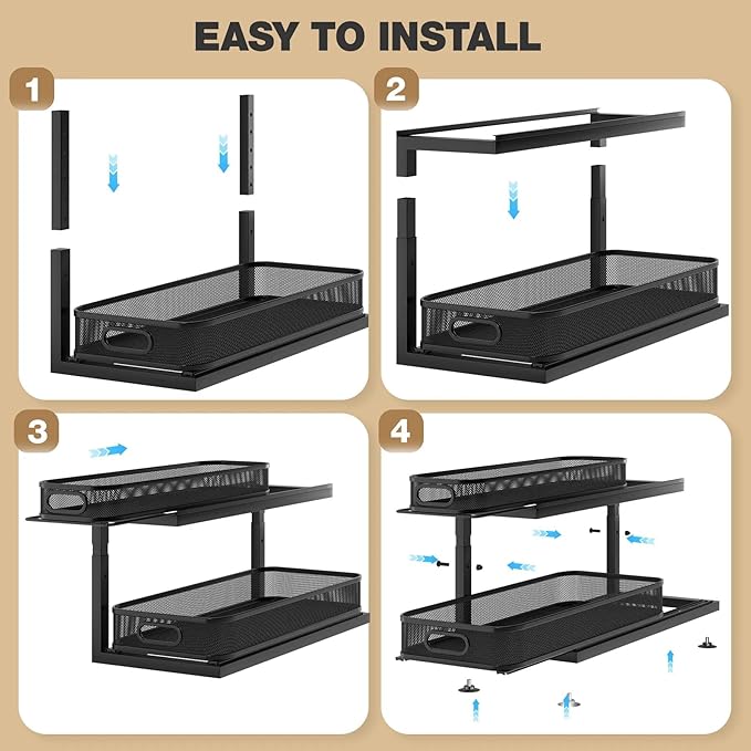 2-Pack 21.3 IN Depth Under Sink Organizer With Next-Gen Ball-Bearing Slides,Sophisticated Mesh 2-Tier Pull Out Shelf for Kitchen & Bathroom,Fits Small Items-Gun Gray