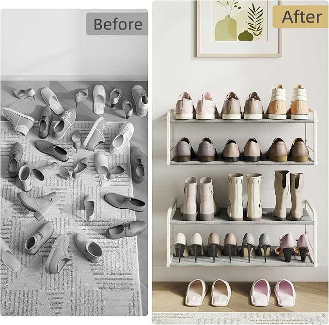 Wall Mounted Shoe Rack, Carbon Steel Shoe Organizer with Removable Oxford Cloth, Non-Slip Space-Saving for Entryway Closet Bedroom, White