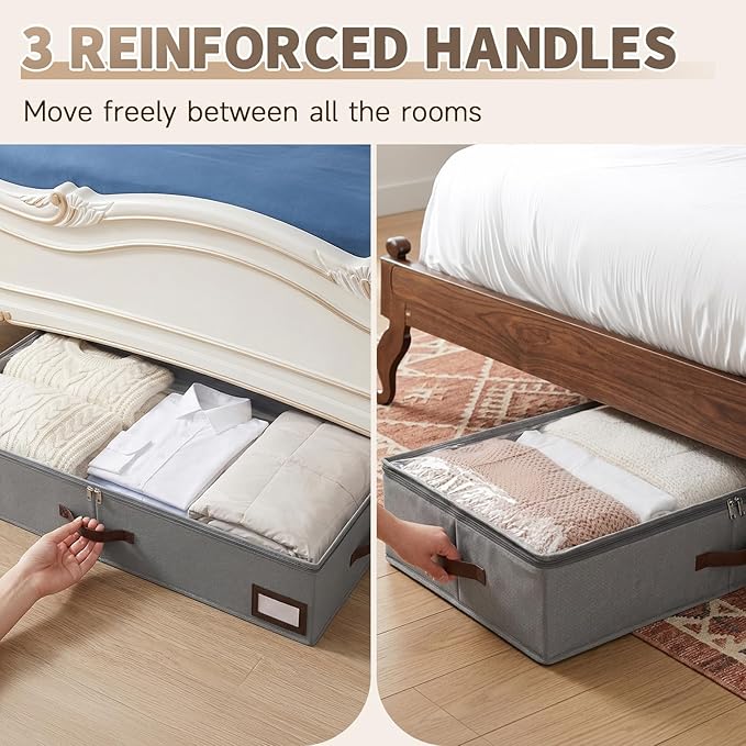 OIAHOMY 2 Pack Under Bed Storage with 4 Compression Bags, Underbed Organizers for Bedroom & Closet, Fits Beds Higher than 5.9", Space-Saving for Seasonal Clothes, Blankets & Shoes - Beige