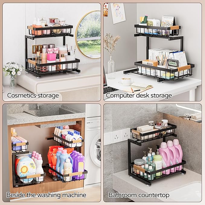 ADBIU Under Sink Organizer, 2 Pack 2 Tier Expandable Height (13.2" - 17.2") Pull Out Kitchen Bathroom Cabinet Organizers and Storage Shelf