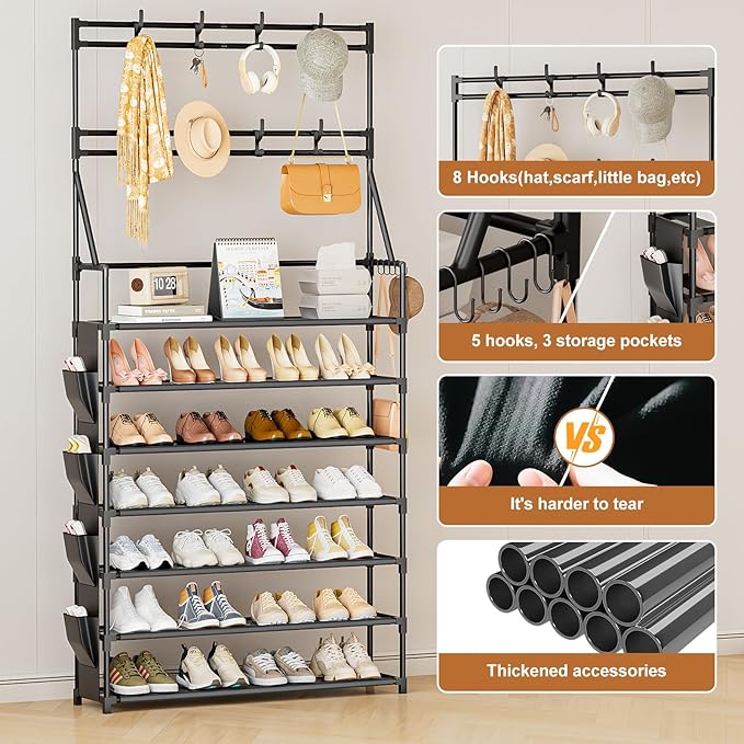 OYREL Shoe Rack 7 Tier Sturdy Shoe Racks for Closet Shoes Organizer for 28-35 Pairs Large Capacity Shoe Storage Rack with Multifunctional 5 Hooks and Side Pocket for Entrance Entryway