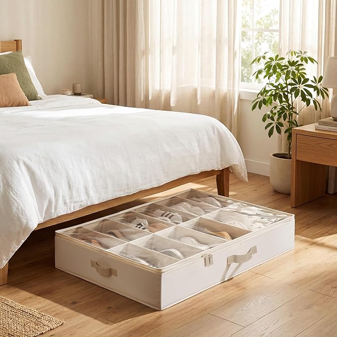 StorageWorks Underbed Shoe Storage Organizer for Closet, 2-Pack Fabric Under Bed Shoe Organizer with Adjustable Dividers, Fits up to 24 Pairs, Beige(Cottlyn Fabric)
