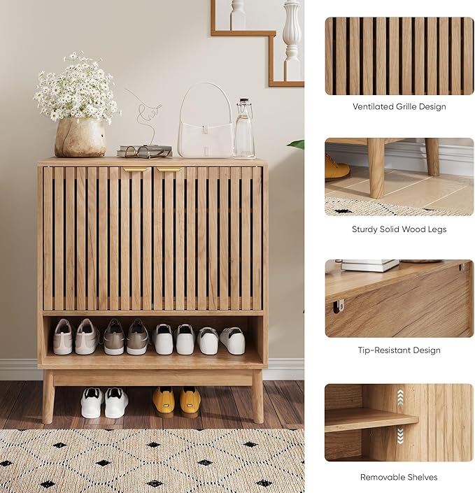 Kiasthome Shoe Storage Cabinet with Adjustable Shelves, Wooden Shoe Organizer, Shoes Rack for Entryway, Hallway, Living Room (Natural Wood, 27.56" W)
