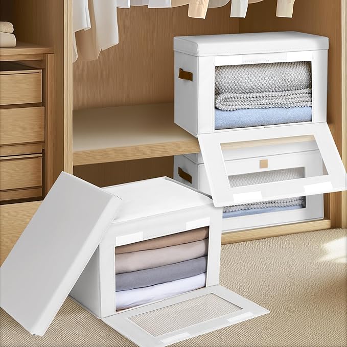 Homsorout Large Clothing Storage Bins - Collapsible Boxes with Handles & Window, Decorative Organizer Bins with Lids, Fabric Containers for Living Room, Dorm, 6 Pack, White