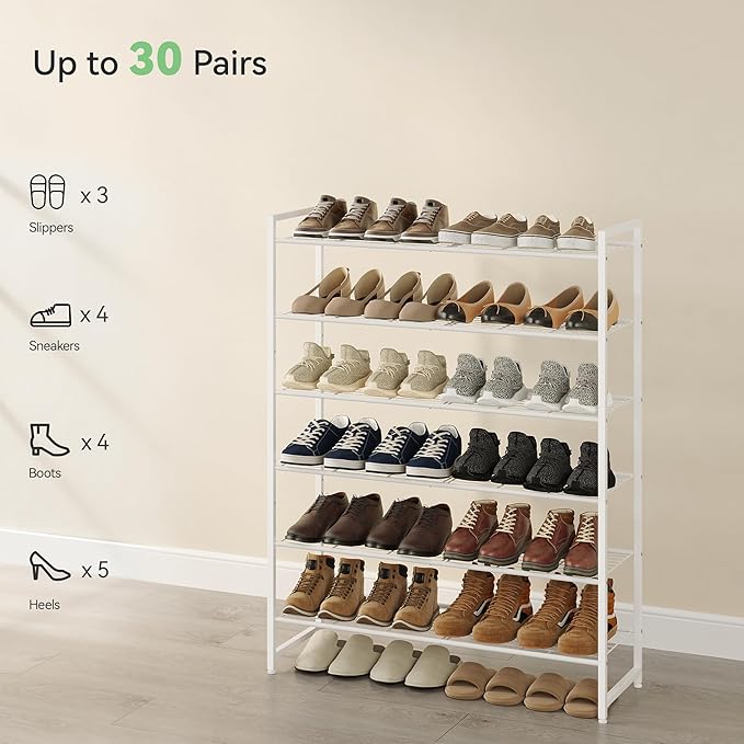Nunsino Shoe Rack, Metal Shoe Organizer, 6 Tier Garage Shoe Rack Max Holds 30 Pairs,Shoe Storage Shelf for Closet,Entryway,White
