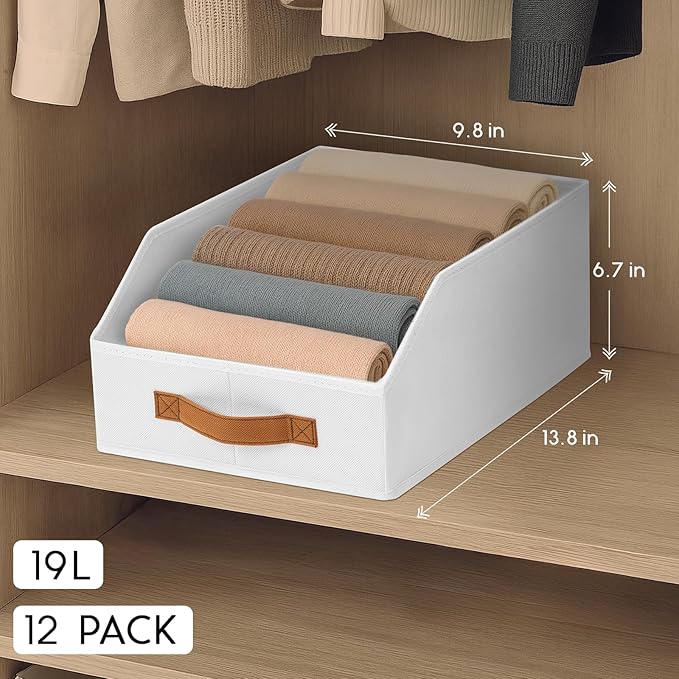 Homsorout Fabric Storage Bins for Organizing - 12 Pack Large Trapezoid Collapsible Storage Bins with Front Handle, Closet Organizers and Storage for Bedroom, Home Shelves, Small Spaces, White