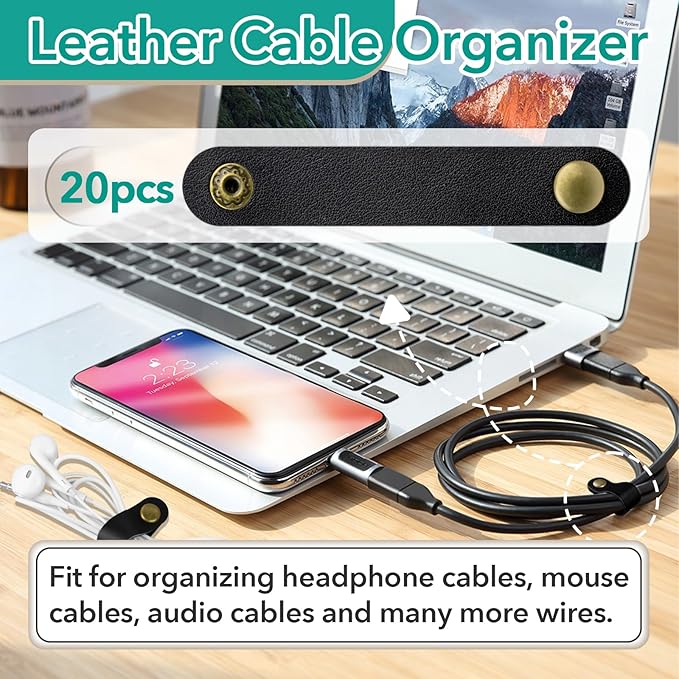 20 Pcs Leather Cord Organizer - Black Leather Cord Ties for Charging Cords, Reusable Charging Cable Organizers
