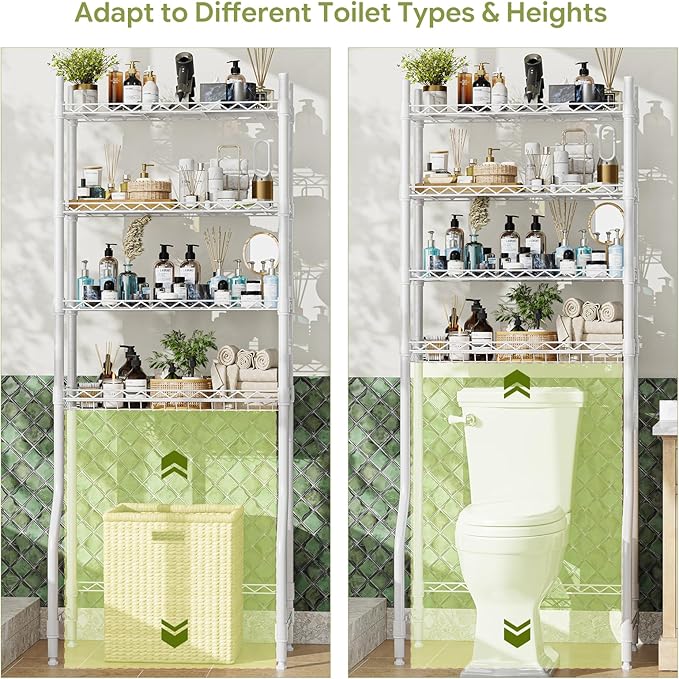 Simple Trending 4 Tier Over The Toilet Storage Rack, Bathroom Organizers and Storage Over Toilet with Adjustable Shelf and Basket, White