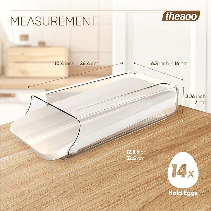 theaoo Egg Holder for Fridge, Automatic Rolling Egg Container for Refrigerator, Clear Plastic Egg Dispenser, Stackable Eggs Organizer with Quick Removable inner Tray For Organizers and Storage, 1 Pack