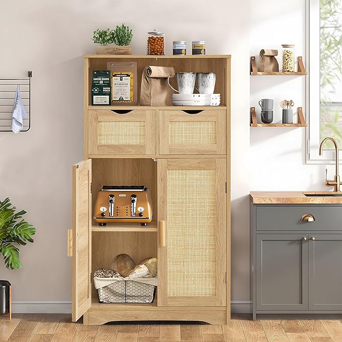 Iwell Storage Cabinet with 2 Drawers & Adjustable Shelves, Rattan Cabinet, Kitchen Pantry Cabinets, Cupboard for Living Room, Kitchen, Home Office, Natural SNG008NR