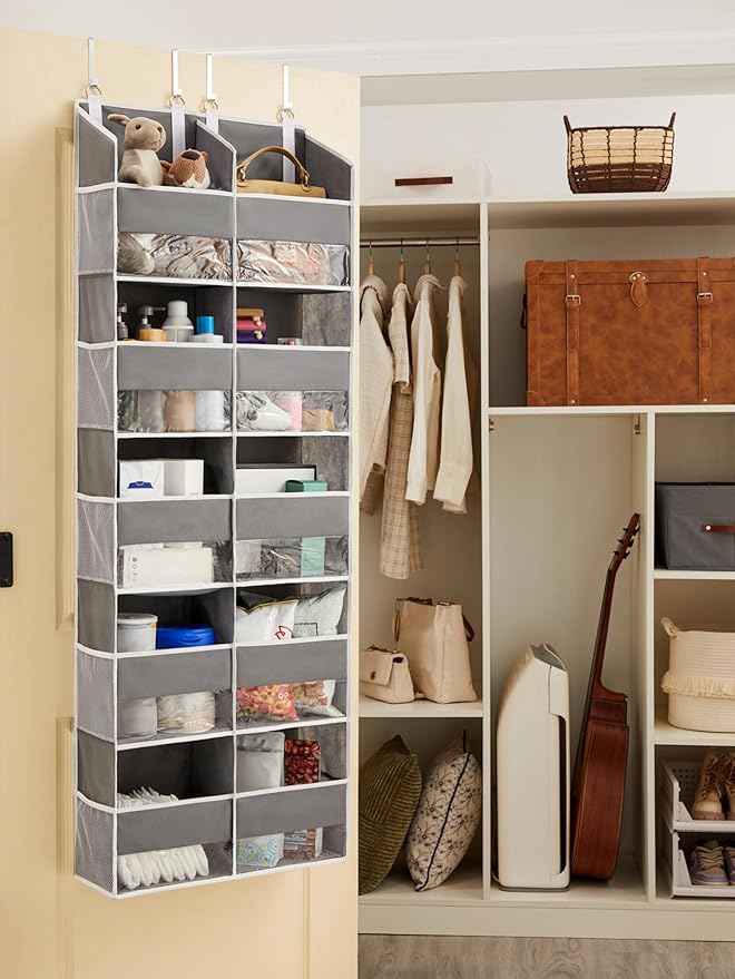 Over the Door Organizer 5 Tiers, Extra Large Behind Door Storage of 10 Compartments, Anti Tilt Hanging Organizer for Closet, Diaper Organizer, Bedroom, Bathroom, Pantry, Nursery, (Grey)