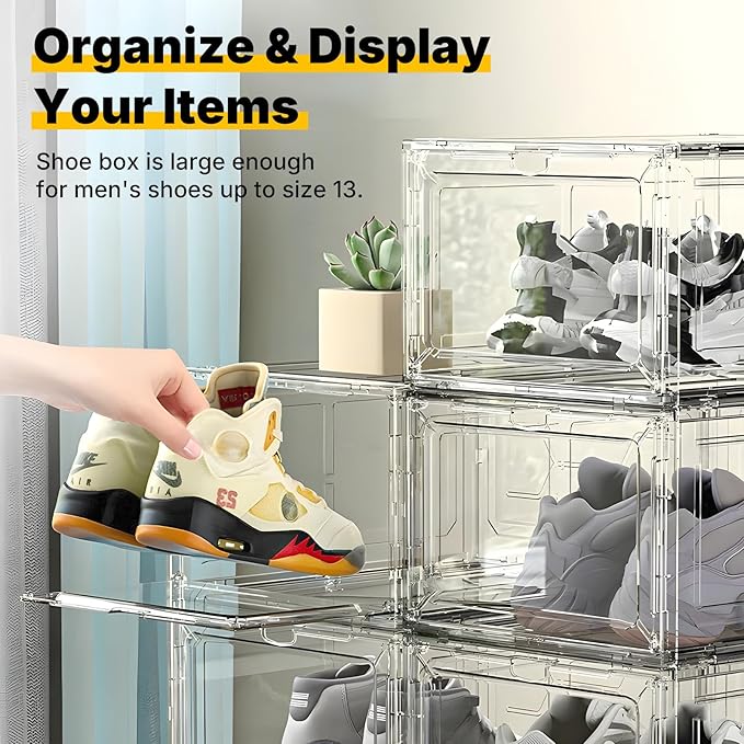1 Pack Large Clear Shoe Box for Men’s Size 13 Sneakers, Stackable Drop-Front with Magnetic Door, BPA-Free Plastic Display Organizer, 13.5” x 10.55” x 7.5” – Transparent