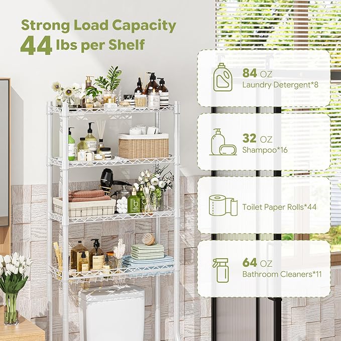 Simple Trending 4 Tier Over The Toilet Storage Rack, Bathroom Organizers and Storage Over Toilet with Adjustable Shelf and Basket, White