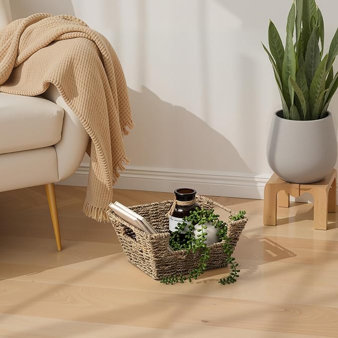 StorageWorks Small Pantry Baskets for Patato and Onion Storage, Wicker Baskets for Organizing with Built-in Handles, Seagrass Pantry Organizers and Storage for Shelves, Countertop, 2 Pack