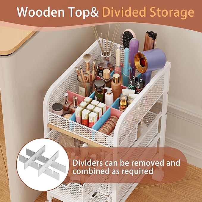 Rolling Makeup Cart Organizer with 3 Drawers