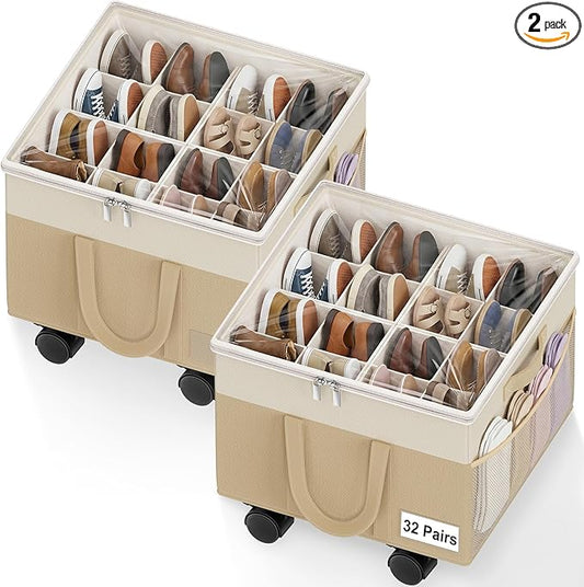 2 Pack Large Shoe Organizer for Closet, Adjustable Dividers Shoe Storage Box Bins with Wheels Clear Cover Reinforced Handle Side Pocket Fits up to 32 Pairs, Foldable Shoe Organizer for Entryway Beige