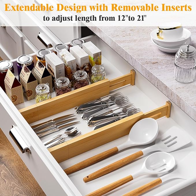 Bamboo Drawer Dividers, 12-21" Adjustable Drawer Organizers for Clothes, 5-Pack