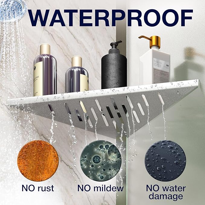 Corner Shower Shelf for Inside Shower - Adhesive/Stick/Drill/No Drill - Floating Strong 14" Silver Corner Shower Shelves for Bathroom, Tiled Wall, Caddy Organizer, Kitchen, Shower