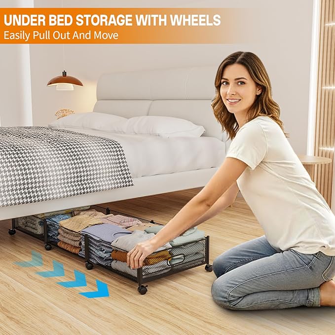 Under Bed Storage With Wheels, 47.2''/90lbs/57.6L, Metal Frame Under Bed Rolling Storage, Tool-Free Assembly Underbed Drawers, Underbed Organizer Containers for Shoes, Clothes and Toys