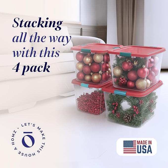 4-Pack Holiday Tote, Plastic Storage Organizer Bins with Lids, 31 Quart