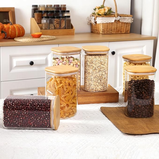 6 Pack 1.2qt Square Glass Storage Containers with Bamboo Press Lids