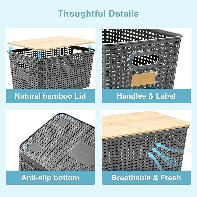 2 Pack Tall Plastic Storage Bins with Bamboo Lids, Gray