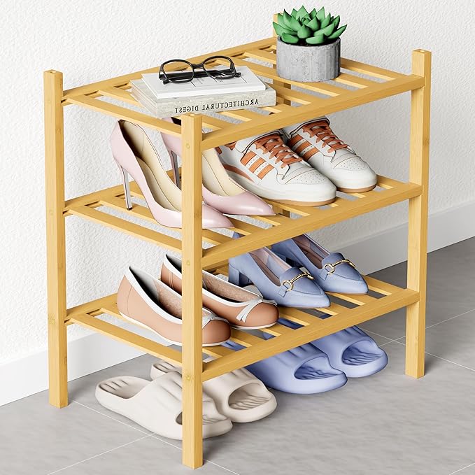 Smiry Bamboo Shoe Rack for Closet, 3 Tier Small Wooden Shoe Organizer, Stackable Wood Shoe Storage Shelf for Entryway, 14 Vertical Slats, One-piece Heavy-Duty Legs, 17.32"x11.02"x18.31", Natural