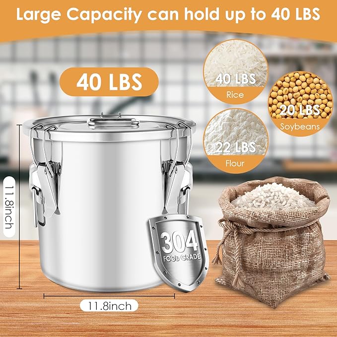 304 Stainless Steel Food Containers with Lids,21L/40LBS Airtight Food Storage Containers with Lock Clips for Flour Rice Sugar Coffee Bean,Stainless Steel Food Storage Containers for Kitchen