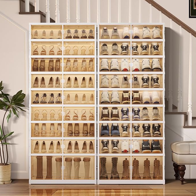 CIMLORD 9-Tier Foldable Shoe Rack Organizer for Closet, 27 Pairs Collapsible Plastic Shoe Shelf, Large Shoes Cabinet with Door, Clear Stackable Storage Box Easy Assembly White