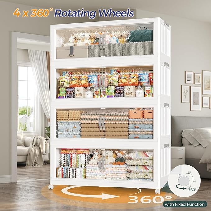 160Gal/640QT 4-Tiers Extra Large Stackable Storage Bins with Lid, Collapsible Cabinet Closet Organizer Plastic Container Box with Wheels Doors Drawers for Office Dorm Kitchen, White