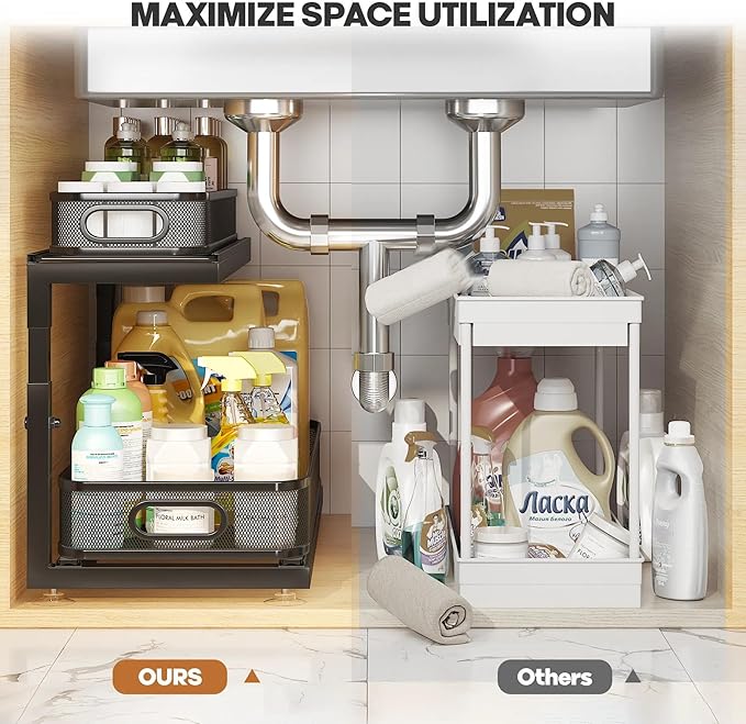 2-Pack 21.3 IN Depth Under Sink Organizer With Next-Gen Ball-Bearing Slides,Sophisticated Mesh 2-Tier Pull Out Shelf for Kitchen & Bathroom,Fits Small Items-Gun Gray
