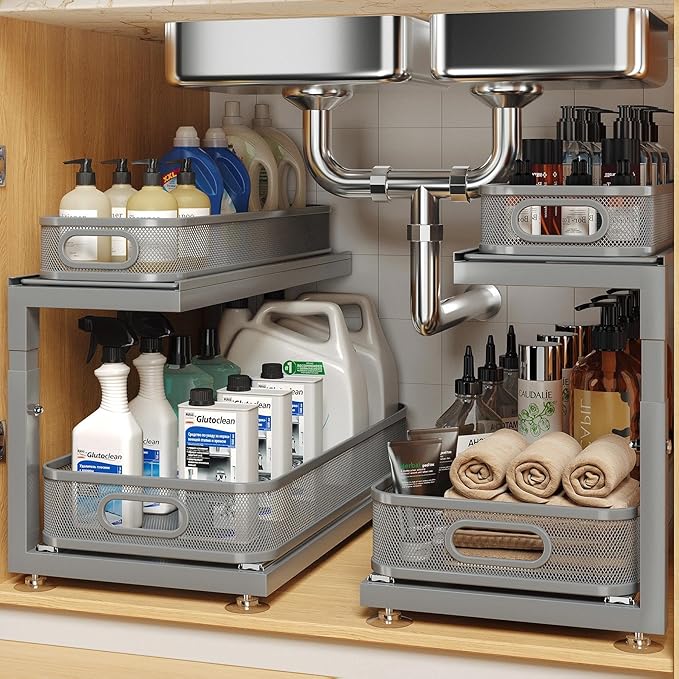2-Pack 18.5 IN Depth Under Sink Organizer With Next-Gen Ball-Bearing Slides,Sophisticated Mesh 2-Tier Pull Out Shelf for Kitchen & Bathroom,Fits Small Items-Gun Gray