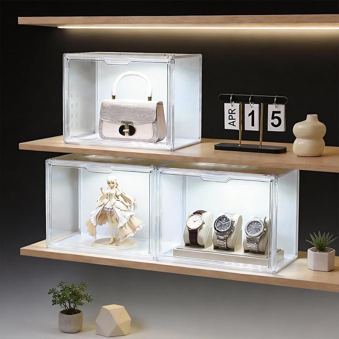 GUDEMAY Clear Acrylic Display Case with Light, Dustproof Stackable Showcase for Collectibles, Figures, Shoes, Toys & Jewelry - Plastic Storage Bins Support Voice Control Lighting