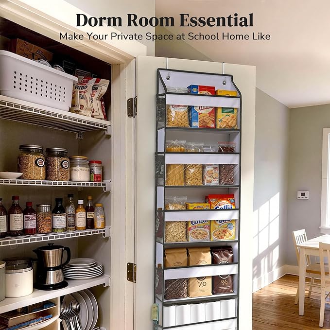 5 Tiers Ultra-thin Over Door Organizer with 10 Mesh Side Pockets, 44 lbs Weight Capacity Hanging Storage Organizer with Clear Window Kids Toys, Shoes, Diapers, White & Grey