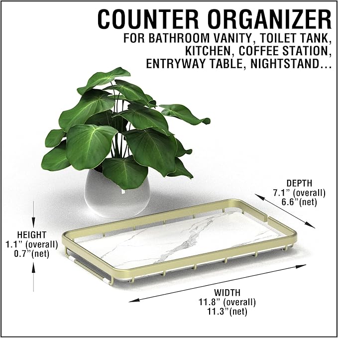 Counter Organizer for Bathroom, Kitchen or Coffee Bar, Metal Shelf with Faux Marble, Vanity Countertop Makeup Storage, Dresser Perfume Display Rack, Toilet Tank Tray (Matte Gold, 1-tier)