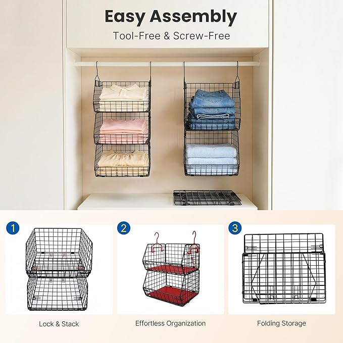 5 Tier Metal Hanging Closet Organizer with 2 Extra Tall Storage Baskets & 3 Standard Wire Baskets, Heavy Duty Foldable Closet Organizer with Snag‑Free Liners for Clothes, Jeans, Handbags, Hats