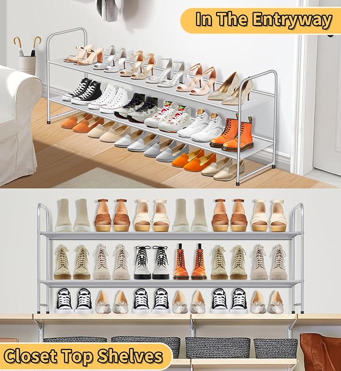 SLEEPING LAMB 2-Tier Long Shoe Rack Organizer for Closet, Stackable Wide Shoe Shelf Holds 18-Pairs Low Shoe Storage for Bedroom, Floor, Entryway (Grey)