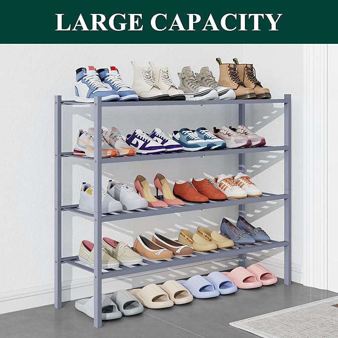 Smiry Bamboo Shoe Rack for Closet, 4 Tier Long Wooden Shoe Organizer, Stackable Wood Shoe Storage Shelf for Entryway, 14 Vertical Slats, 2+2 Stack Heavy-Duty Legs, 33.86"x11.02"x25.98", Grey