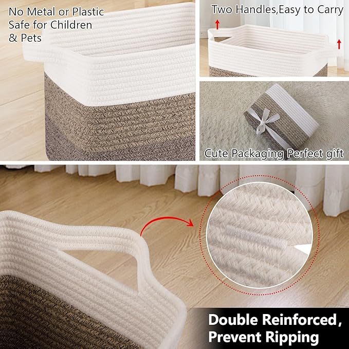 Woven Storage Basket, Cotton Rope Baskets for Toys, Towel, Gradient Dark Brown