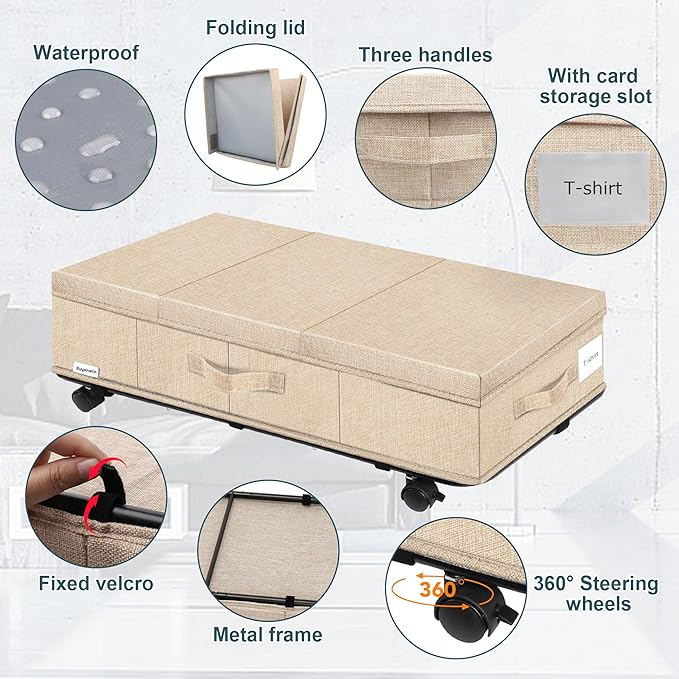 Supowin Under Bed Storage with Wheels, Rolling Underbed Storage Containers with Lids, Under Bed Shoe Storage Bins Organizer with Reinforced Metal Bottom Support and Three Handles