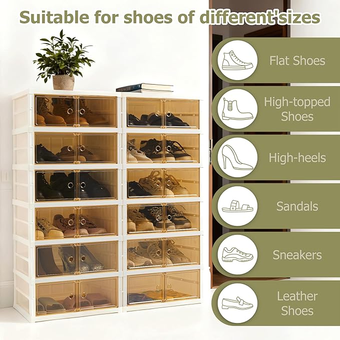 Foldable Shoe Rack Organizer Collapsible Shoe Storage Organizer with Doors, Large Plastic Folding Shoe Rack, Clear Shoe Storage Boxes Easy Assembly Shoe Cabinet for Entryway (2 x 6 Tiers-12 Pairs)